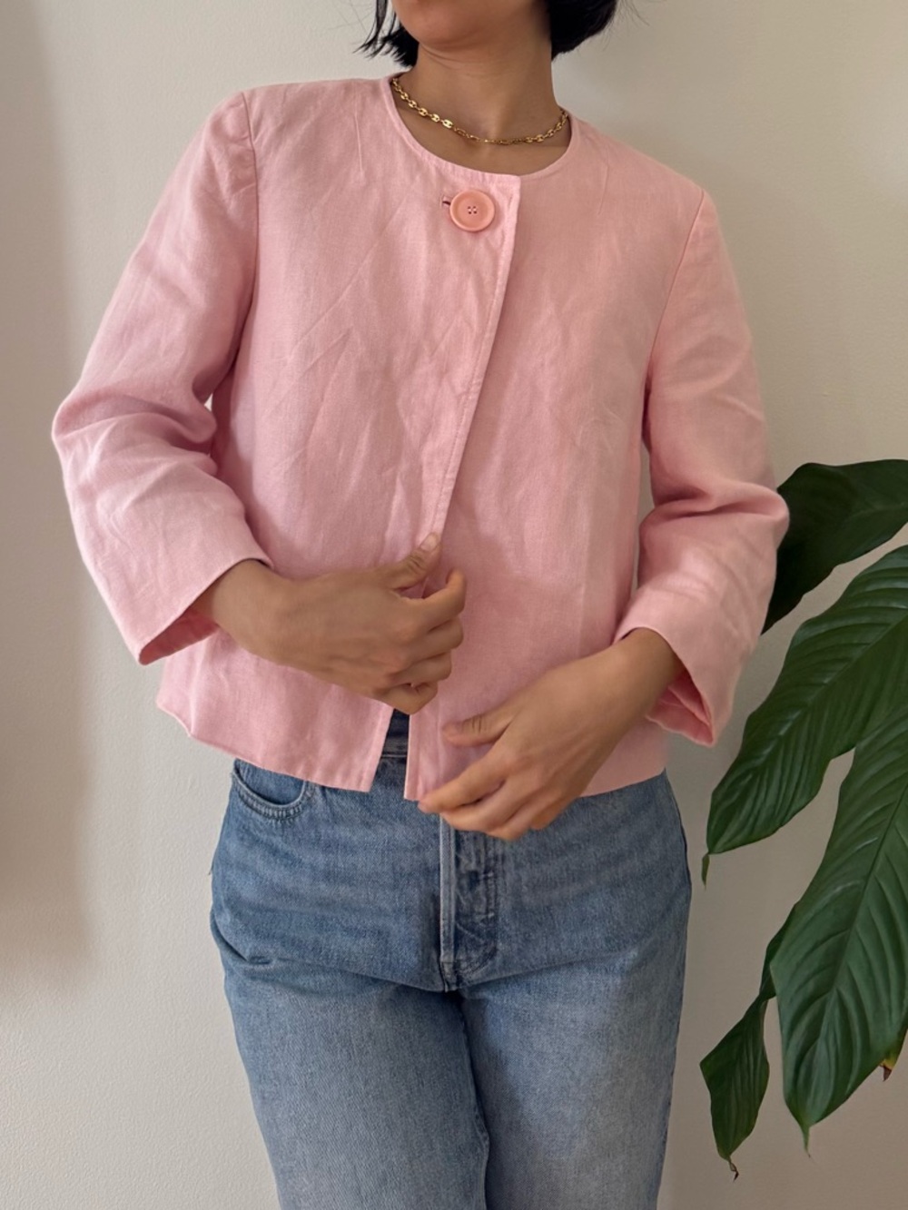 Vintage Talbots 100% Irish Linen Single Button Pink Short Jacket Size 8 Petites